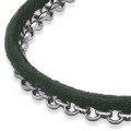 Bransoletka skórzana zielony rzemień łańcuch stal szlachetna srebrny rolo logo damska