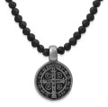 Naszyjnik z kamieni lawa czarna wisior stal medalion krzyż