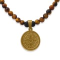 Naszyjnik z kamieni lawa tygrysie oko brązowe wisior stal medalion krzyż złoty