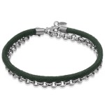 Bransoletka skórzana zielony rzemień łańcuch stal szlachetna srebrny rolo logo damska