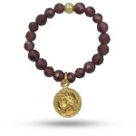 Pierścionek elastyczny z zawieszką monety srebro pozłacane kamienie granat