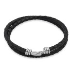 Bransoletka skórzana podwójna zapięcie srebro rzemień pleciony czarny