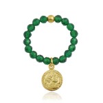 Pierścionek elastyczny z kamieni jadeit szmaragdowy moneta srebro pozłacane