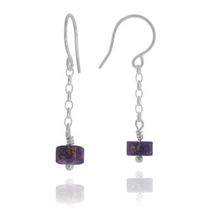 Kolczyki zwisy kamień jaspis fioletowy krążek srebro łańcuszek