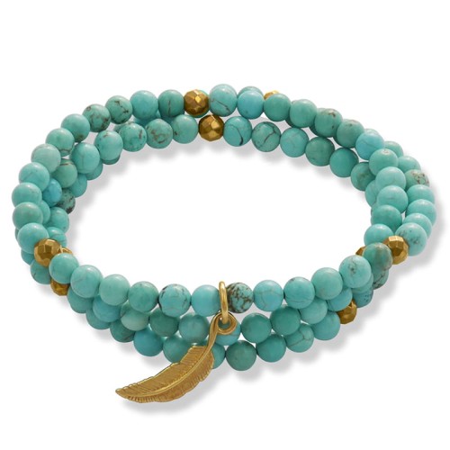 Bransoletka z kamieni potrójna howlit turkusowy piórko srebro pozłacane