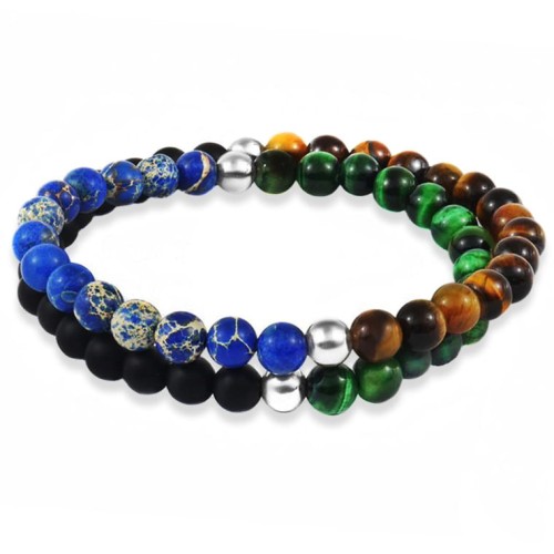 Bransoletka z podwójnych kamieni tygrysie oko onyks jaspis srebro