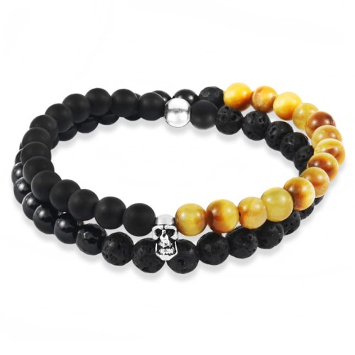 Bransoletka z podwójnych kamieni czaszka srebro tygrysie oko onyks