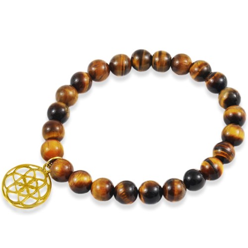 Bransoletka z kamieni tygrysie oko kwiat życia pozłacane srebro