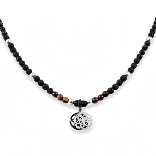 Naszyjnik z kamieni lawa kwiat życia srebro heban