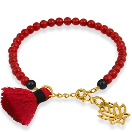 Bransoletka z kamieni koral onyks chwost lotos pozłacane srebro