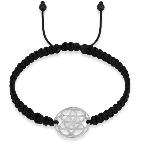 Bransoletka makrama kwiat życia srebro sznurek czarny