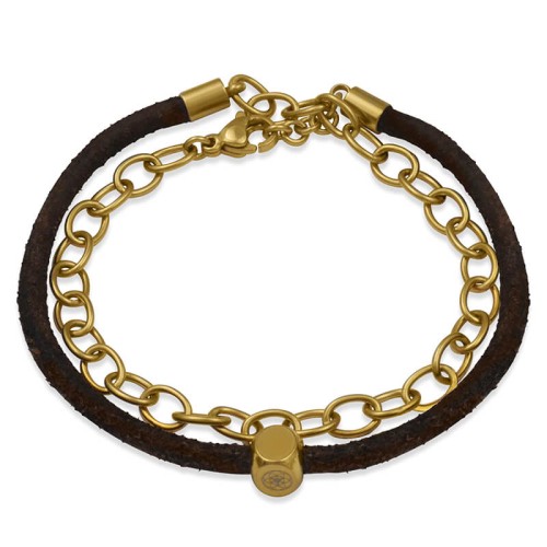 Bransoletka skórzana brązowy rzemień łańcuch stal szlachetna złoty kostka z logo damska