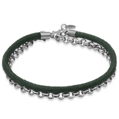 Bransoletka skórzana zielony rzemień łańcuch stal szlachetna srebrny rolo logo damska