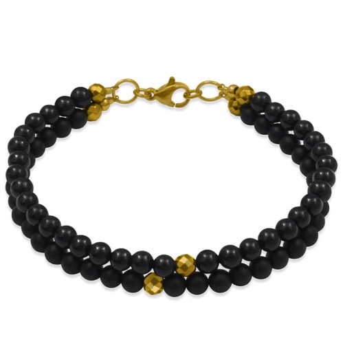 Bransoletka z kamieni podwójna czarny agat czarny onyks matowy złoty hematyt damska