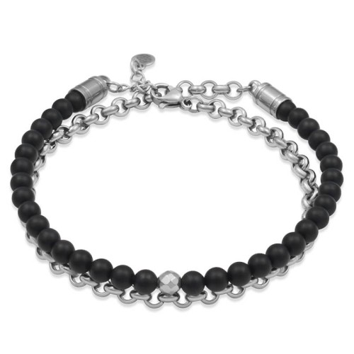 Bransoletka z kamieni podwójna onyks czarny stal łańcuch damska