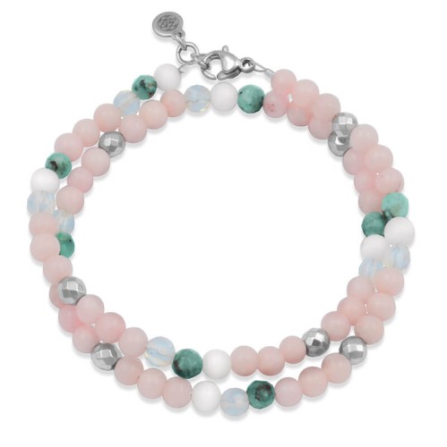 Bransoletka z kamieni podwójna różowy biały jadeit turkus afrykański hematyt srebrny