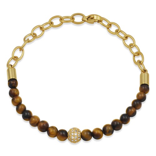 Bransoletka z kamieni tygrysie oko brązowe stal łańcuch złoty damska