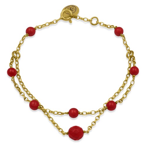 Bransoletka ze srebra pozłacana podwójna kamienie koral czerwony logo