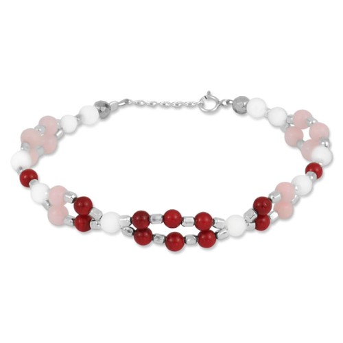 Bransoletka z kamieni koral jadeit srebro pleciona