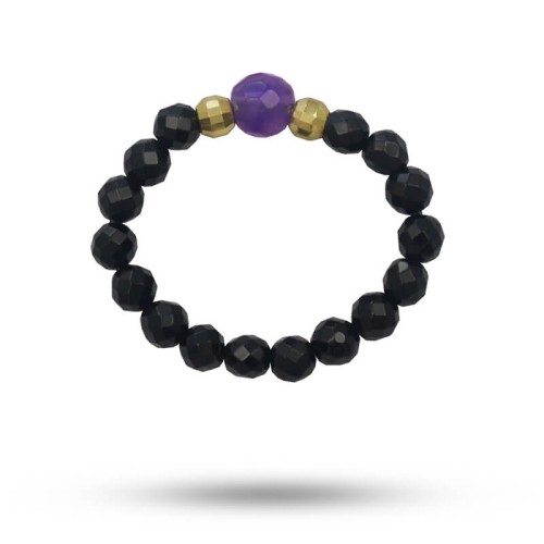 Pierścionek elastyczny kamienie onyks czarny ametyst srebro pozłacane