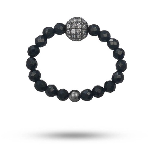 Pierścionek elastyczny kamienie onyks czarny kulka z kryształkami