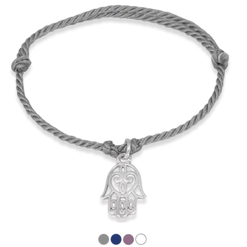 Bransoletka ze sznurka bawełnianego hamsa srebro