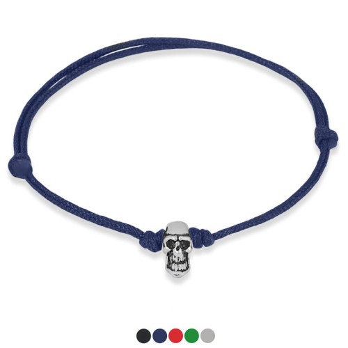 Bransoletka ze sznurka czaszka srebro niebieska czerwona