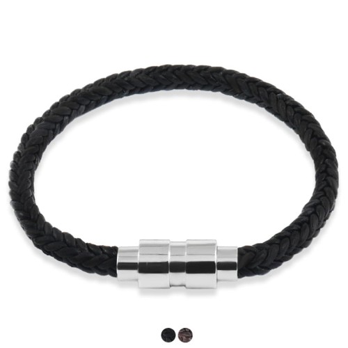 Bransoletka skórzana pleciony rzemień czarny brązowy stal