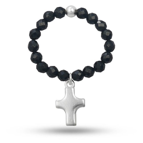 Pierścionek elastyczny z zawieszką krzyżyk srebro kamienie onyks czarny