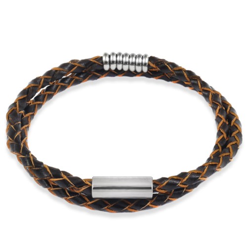 Bransoletka skórzana rzemień brązowy pleciony podwójny stal szlachetna