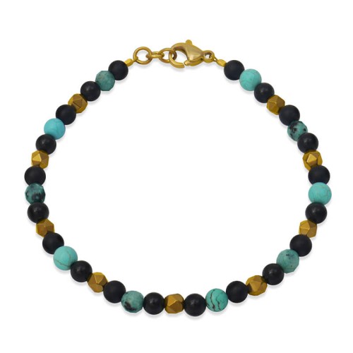 Bransoletka z kamieni turkus afrykański agat onyks hematyt stal złota