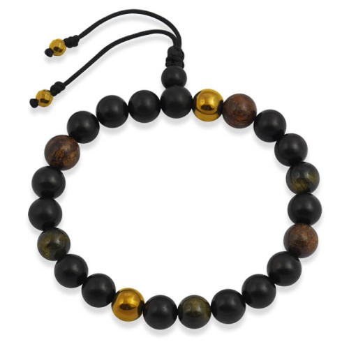 Bransoletka buddyjska drewno heban bronzyt hematyt obsydian