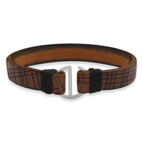 Bransoletka skórzana brązowa gruba srebro zapięcie koło