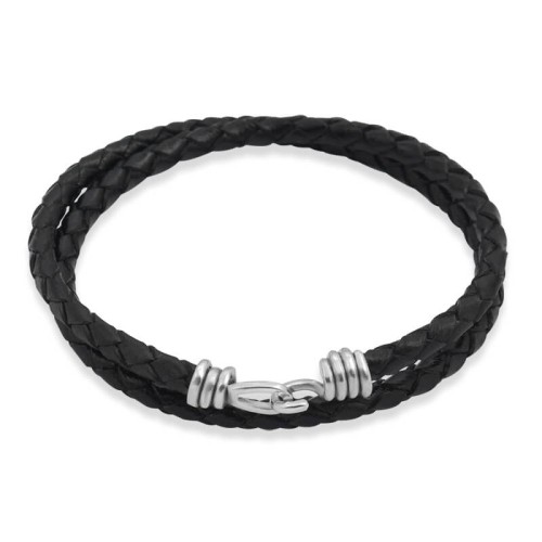 Bransoletka skórzana podwójna zapięcie srebro rzemień pleciony czarny