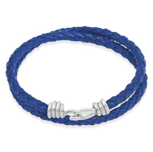 Bransoletka skórzana podwójna zapięcie srebro rzemień pleciony niebieski