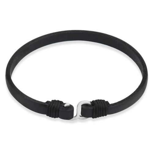 Bransoletka skórzana płaska zapięcie srebro czarna pojedyncza