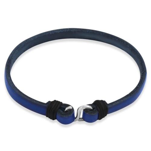 Bransoletka skórzana płaska zapięcie srebro granatowa pojedyncza