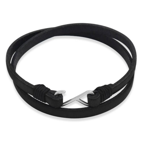 Bransoletka skórzana podwójna czarna zapięcie srebro