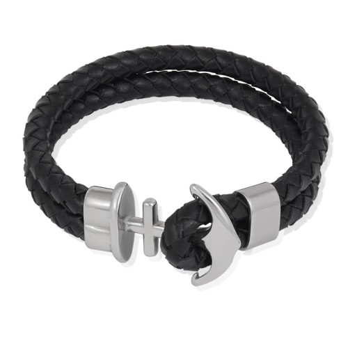 Bransoletka z kotwicą podwójny rzemień naturalny czarny