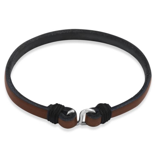 Bransoletka skórzana płaska zapięcie srebro brązowa pojedyncza