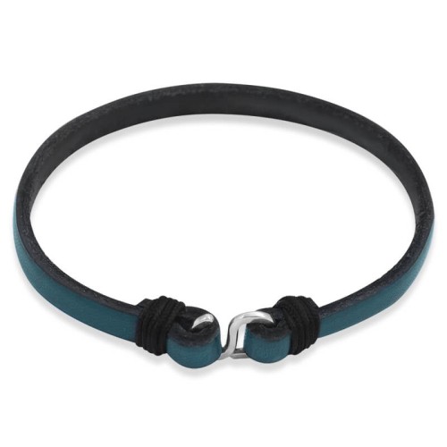 Bransoletka skórzana płaska zapięcie srebro turkusowa pojedyncza