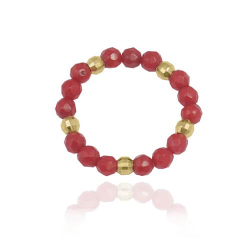 Pierścionek elastyczny z kamieni koral srebro pozłacane disco ball