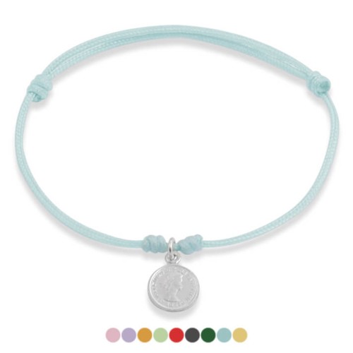 Bransoletka ze sznurka błękitna moneta srebro zawieszka