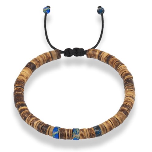 Bransoletka z drewna kokos jasny kamienie jaspis niebieski