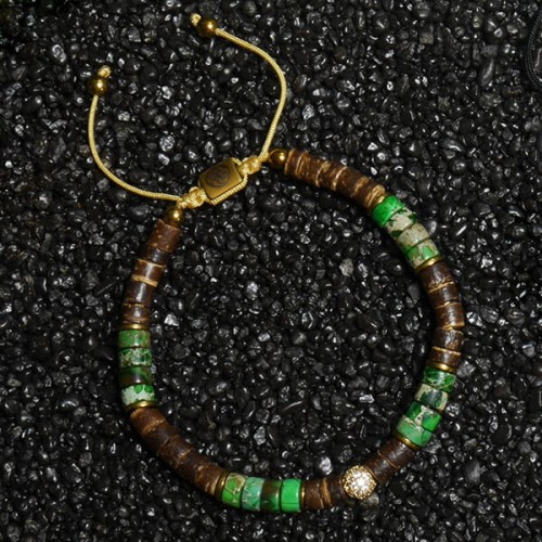 Bransoletka z drewna kokosu brązowa kamienie zielony jaspis hematyt kryształy damska