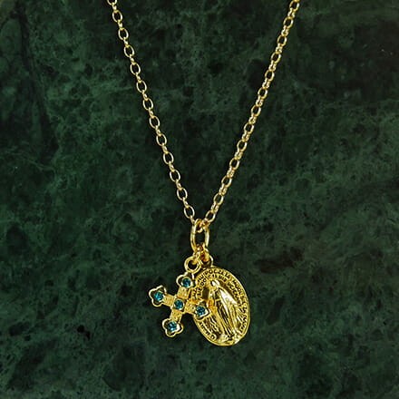 Naszyjnik ze srebra pozłacany medalik Maryi Panny krzyż cyrkonie symbole rolo