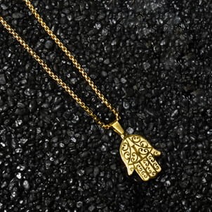 Naszyjnik ze stali zawieszka hamsa dłoń złoty box 3 mm