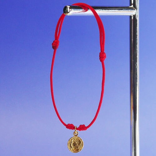 Bransoletka ze sznurka moneta srebro pozłacane czerwona