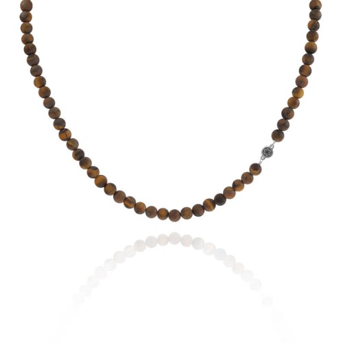 Naszyjnik z kamieni matowe tygrysie oko brązowe 6 mm stal logo