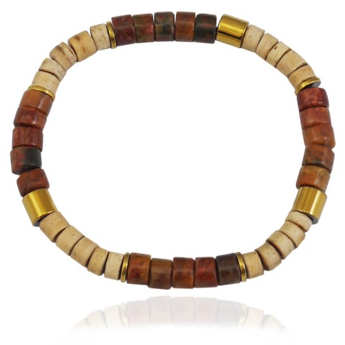 Bransoletka z kamieni krążki jaspis brązowy hematyt złoty kokos jasny